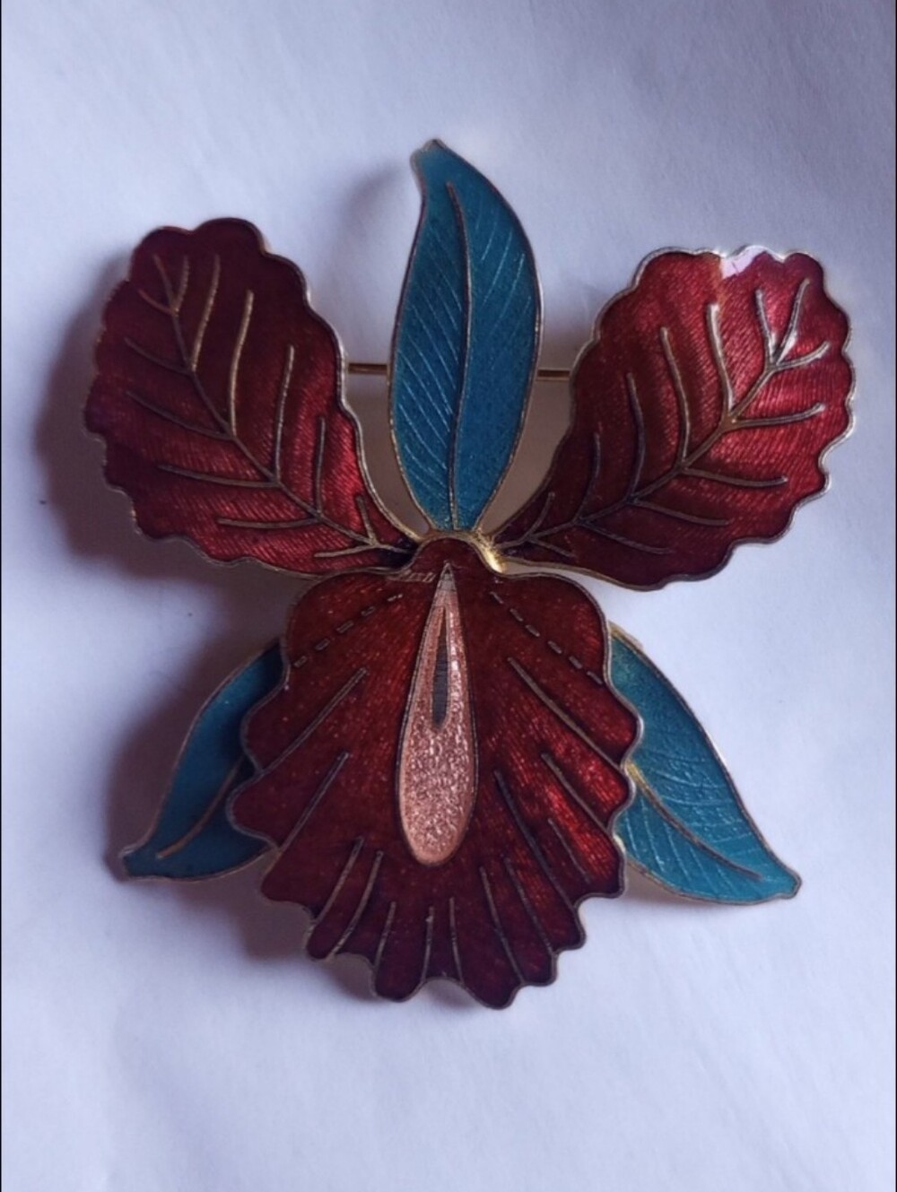 Vintage Fish & Crown Large Enamel Orchid Brooch